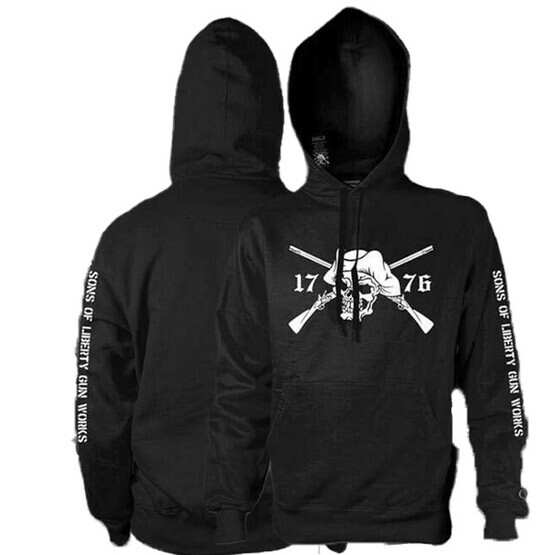 Sons of Liberty Gun Works Pull Over Unisex Hoodie in Black with white graphic